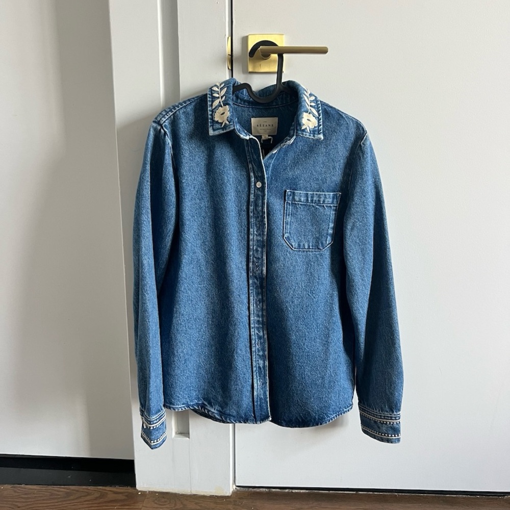 Sezane Blue Denim Shirt with Embroidered Collar